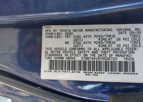 2000 Toyota Tundra Sr5 V8 from USA, damaged, VIN 5TBBT4419YS026723